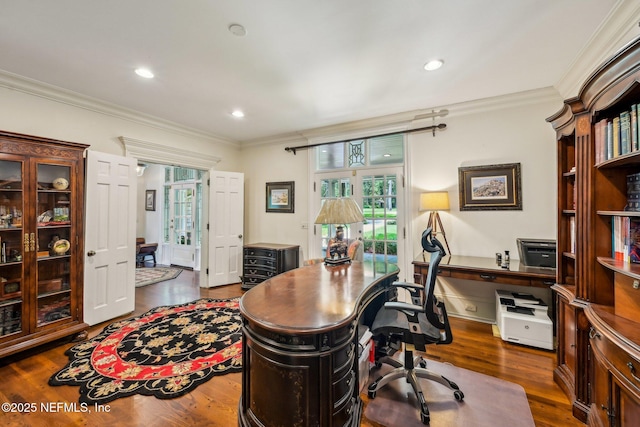 145 River Rd, Orange Park, FL 32073 - office area featuring ornamental molding, dark wood-style flooring, and recessed lighting