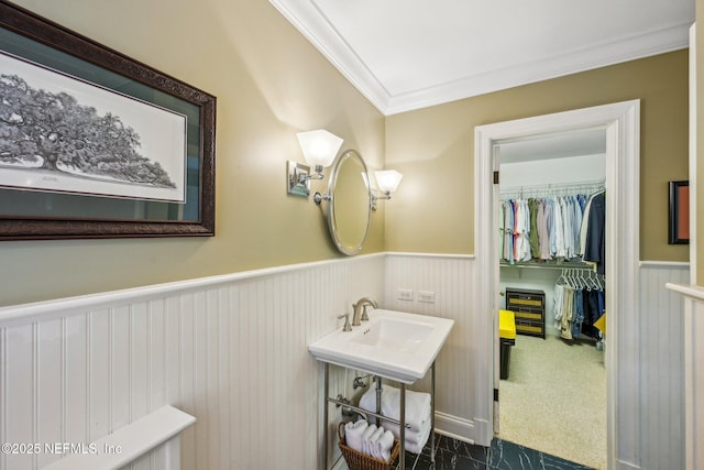 145 River Rd, Orange Park, FL 32073 - bathroom with wainscoting, ornamental molding, a sink, and a spacious closet