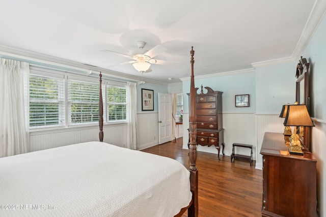 145 River Rd, Orange Park, FL 32073 - bedroom with wood finished floors, a wainscoted wall, ornamental molding, and a ceiling fan
