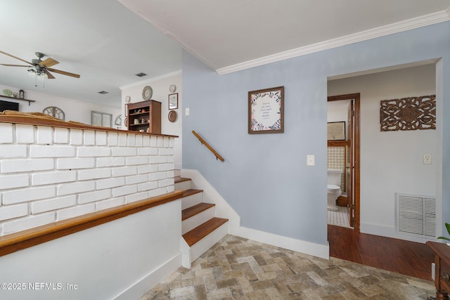 17459 Eagle Bend Blvd, Jacksonville, FL 32226 - stairs featuring a ceiling fan, ornamental molding, and baseboards