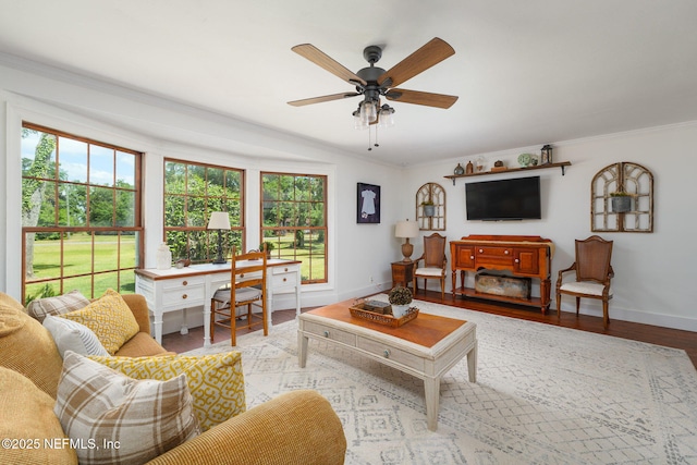 17459 Eagle Bend Blvd, Jacksonville, FL 32226 - living area with crown molding, baseboards, a ceiling fan, and wood finished floors