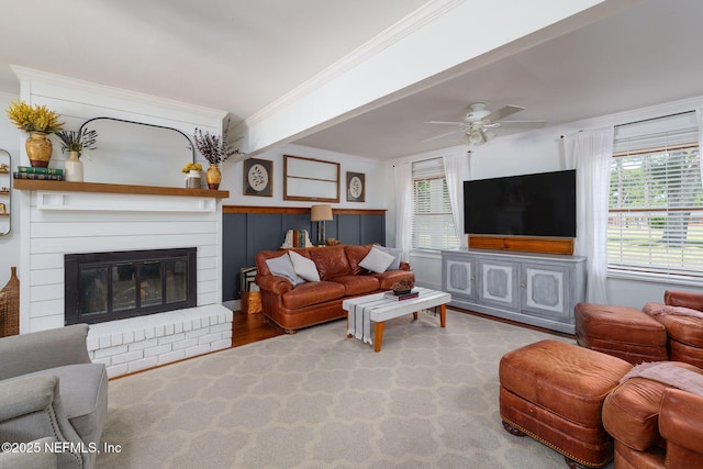 17459 Eagle Bend Blvd, Jacksonville, FL 32226 - living area featuring ornamental molding, ceiling fan, plenty of natural light, wood finished floors, and a fireplace