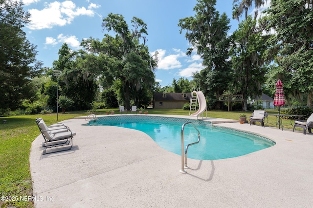 17459 Eagle Bend Blvd, Jacksonville, FL 32226 - outdoor pool with a water slide, a patio area, a yard, and view of wooded area