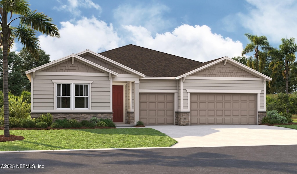 236 Adalyn Ave, Saint Augustine, FL 32086 - view of front of house with an attached garage, stone siding, driveway, and a front lawn