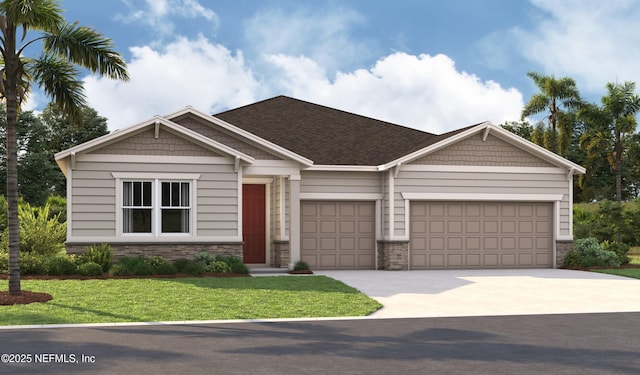 236 Adalyn Ave, Saint Augustine, FL 32086 - view of front of house with an attached garage, stone siding, driveway, and a front lawn