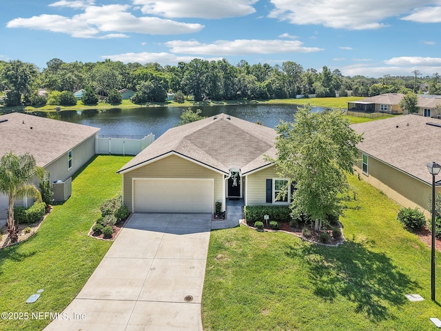 96 Cody St, Saint Augustine, FL 32084 - single story home with a water view, driveway, a garage, view of wooded area, and roof with shingles
