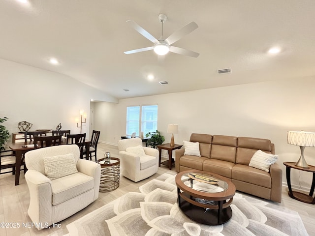 354 Boulder Ln, Saint Johns, FL 32259 - living room featuring vaulted ceiling, a ceiling fan, light wood-style floors, recessed lighting, and baseboards
