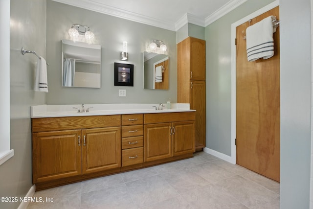 2708 Poinsettia Ave, Middleburg, FL 32068 - bathroom featuring double vanity, ornamental molding, baseboards, and tile patterned flooring