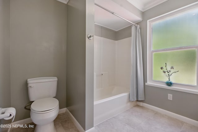 2708 Poinsettia Ave, Middleburg, FL 32068 - bathroom with toilet, shower / bath combo, tile patterned floors, baseboards, and ornamental molding