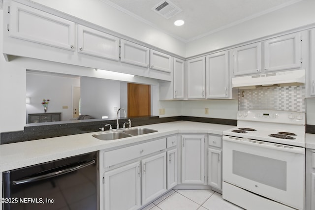 2708 Poinsettia Ave, Middleburg, FL 32068 - kitchen featuring white electric range, dishwasher, a sink, ventilation hood, and light tile patterned floors