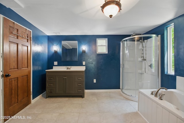 2708 Poinsettia Ave, Middleburg, FL 32068 - bathroom with a shower stall, vanity, a bath, and tile patterned flooring