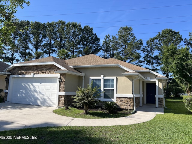 12391 Cadley Cir, Jacksonville, FL 32219 - view of front of home featuring stone siding, an attached garage, a front yard, stucco siding, and concrete driveway