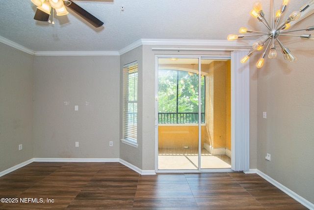 8539 W Gate Pkwy Unit 424, Jacksonville, FL 32216 - empty room with a chandelier, wood finished floors, crown molding, a textured ceiling, and a ceiling fan