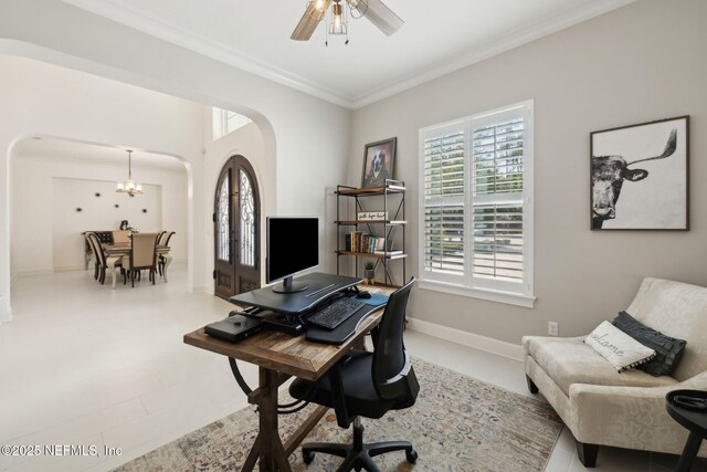 465 Deer Valley Dr, Ponte Vedra, FL 32081 - office with arched walkways, crown molding, a ceiling fan, and baseboards
