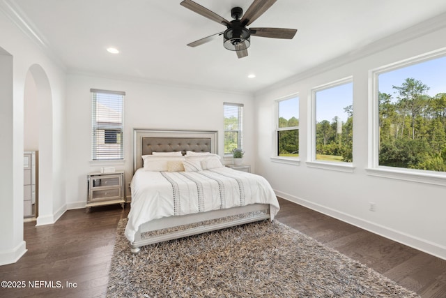 465 Deer Valley Dr, Ponte Vedra, FL 32081 - bedroom with ornamental molding, arched walkways, dark wood-style floors, baseboards, and recessed lighting