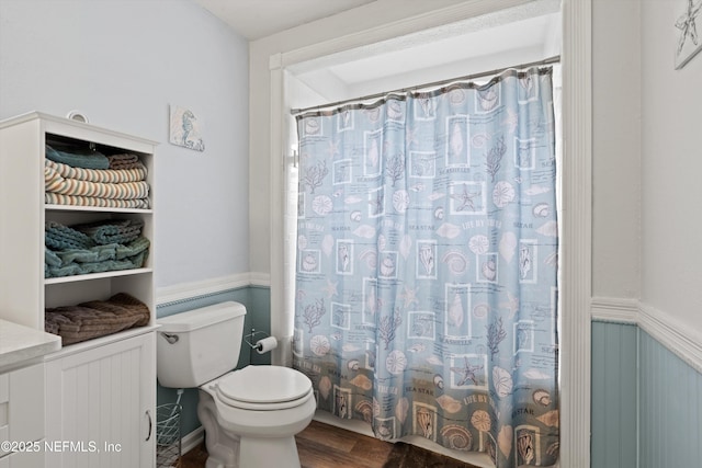 12422 Berry Patch Way, Jacksonville, FL 32225 - full bathroom with toilet, wood finished floors, wainscoting, curtained shower, and vanity