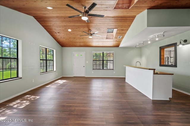 1344 Degrove Rd, Saint Johns, FL 32259 - unfurnished living room with a ceiling fan, wooden ceiling, vaulted ceiling, baseboards, and dark wood finished floors