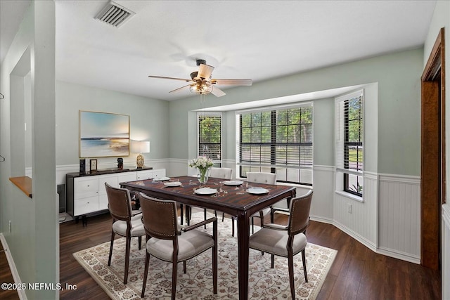 1344 Degrove Rd, Saint Johns, FL 32259 - dining space featuring a wainscoted wall, dark wood finished floors, and ceiling fan