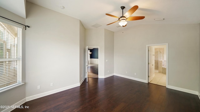 1804 Ferncreek Dr, Saint Augustine, FL 32092 - unfurnished bedroom with hardwood / wood-style flooring, lofted ceiling, connected bathroom, baseboards, and ceiling fan