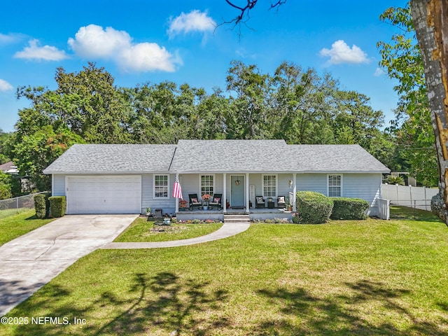 1537 Elmar Rd, Jacksonville, FL 32226 - ranch-style home with covered porch, concrete driveway, an attached garage, and a shingled roof