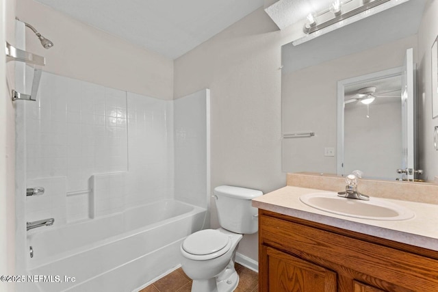 4778 Playpen Dr, Jacksonville, FL 32210 - bathroom with vanity, toilet, shower / bathtub combination, tile patterned flooring, and a ceiling fan