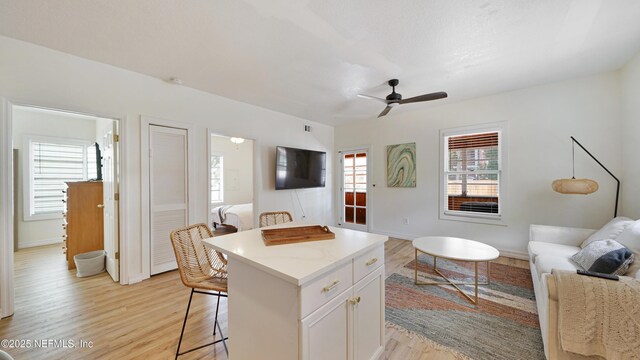 119 Moore St, Saint Augustine, FL 32084 - kitchen with open floor plan, a kitchen breakfast bar, light wood-style flooring, a center island, and a ceiling fan