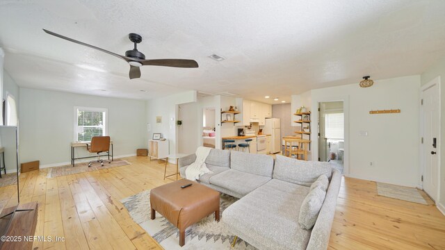 119 Moore St, Saint Augustine, FL 32084 - living area featuring light wood-style flooring, ceiling fan, baseboards, and an office area