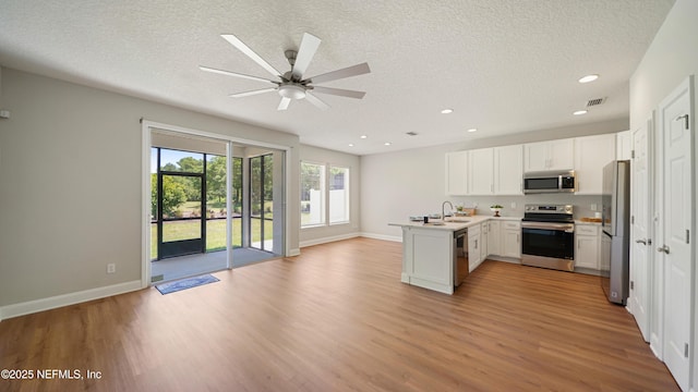 18 Amistad Dr, Saint Augustine, FL 32086 - kitchen featuring appliances with stainless steel finishes, open floor plan, a sink, a peninsula, and light wood-type flooring