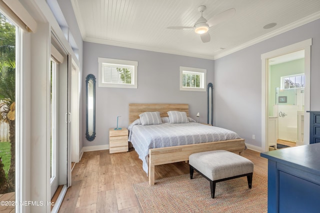 211 Tenth St, Saint Augustine, FL 32084 - bedroom featuring light wood-type flooring, baseboards, ornamental molding, ensuite bathroom, and a ceiling fan
