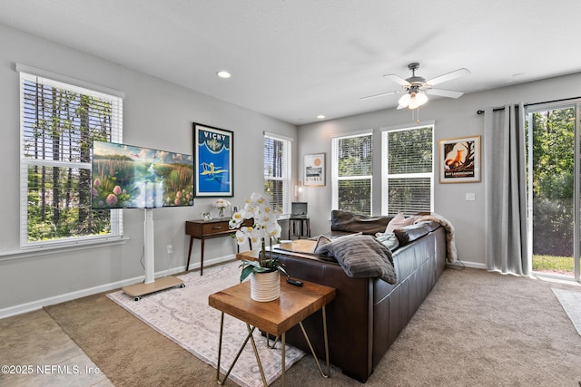 11286 Minnetta Ct, Jacksonville, FL 32256 - living area featuring baseboards, ceiling fan, carpet floors, and recessed lighting