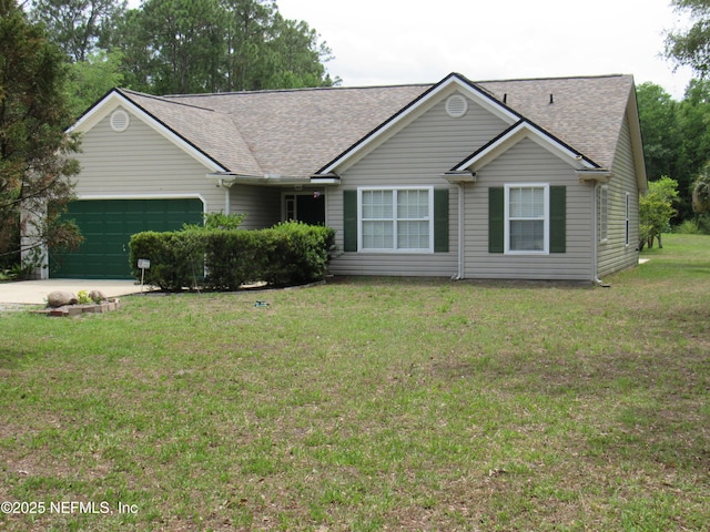 7041 Catlett Rd, Saint Augustine, FL 32095 - ranch-style home with an attached garage, a shingled roof, driveway, and a front lawn