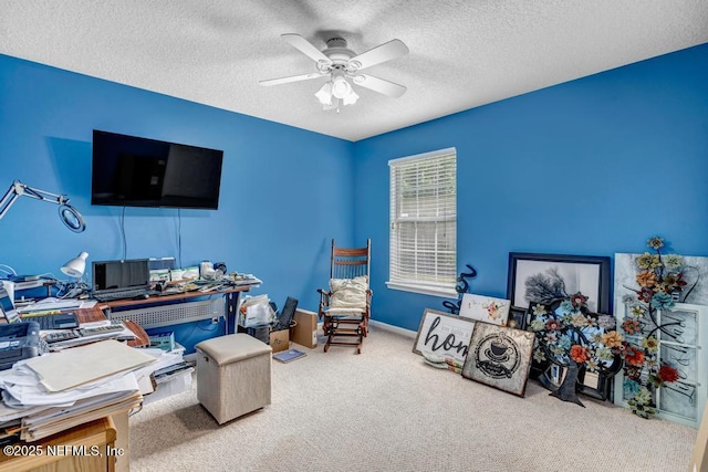 7041 Catlett Rd, Saint Augustine, FL 32095 - carpeted home office featuring a ceiling fan, a textured ceiling, and baseboards