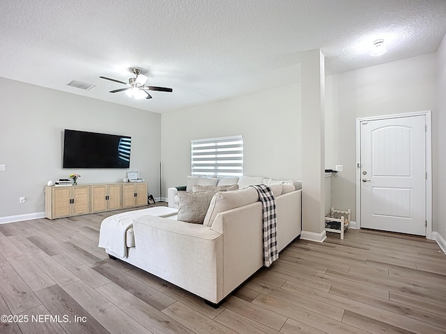 9413 Alma St, Jacksonville, FL 32220 - living area with a textured ceiling, a ceiling fan, light wood-style flooring, and baseboards