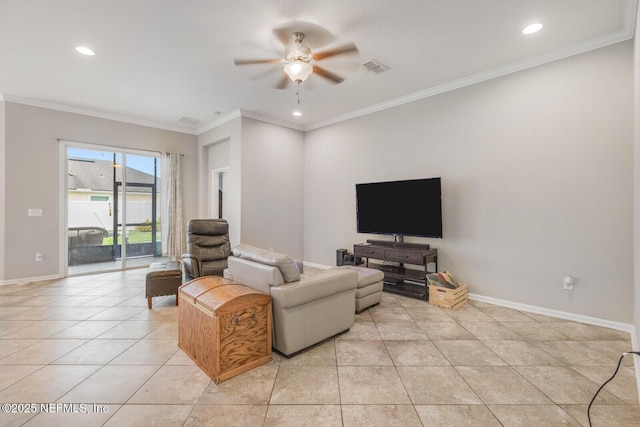 380 Crescent Key Dr, Saint Augustine, FL 32086 - living room with a ceiling fan, light tile patterned flooring, recessed lighting, ornamental molding, and baseboards