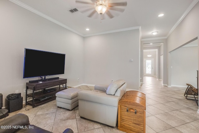 380 Crescent Key Dr, Saint Augustine, FL 32086 - living room featuring ceiling fan, light tile patterned flooring, ornamental molding, baseboards, and recessed lighting