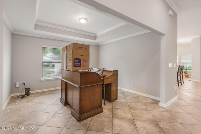 380 Crescent Key Dr, Saint Augustine, FL 32086 - office space with ornamental molding, light tile patterned floors, a tray ceiling, and baseboards