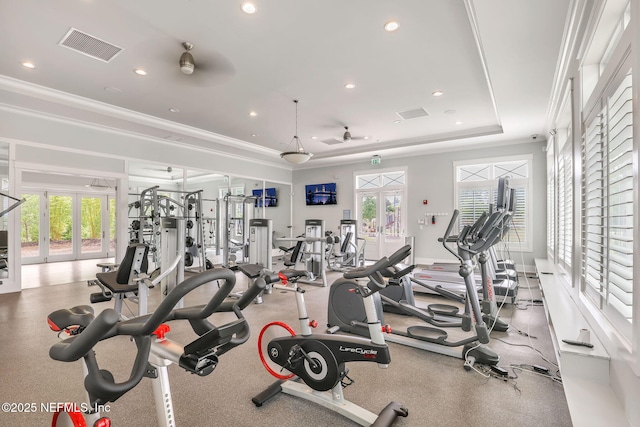 384 Freshwater Dr, Saint Johns, FL 32259 - gym with french doors, a ceiling fan, a tray ceiling, ornamental molding, and recessed lighting