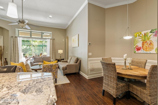 117 Pineta Way, Saint Johns, FL 32259 - dining area featuring crown molding, dark wood-style floors, arched walkways, a ceiling fan, and recessed lighting