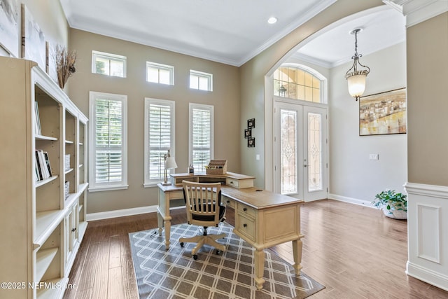 117 Pineta Way, Saint Johns, FL 32259 - office space featuring ornamental molding, baseboards, wood finished floors, arched walkways, and french doors