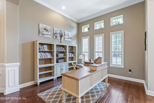 117 Pineta Way, Saint Johns, FL 32259 - office area featuring baseboards, crown molding, and dark wood-style floors