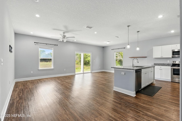 9706 Sibbald Rd, Jacksonville, FL 32219 - kitchen featuring appliances with stainless steel finishes, a sink, open floor plan, a textured ceiling, and a ceiling fan