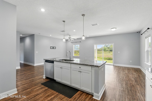 9706 Sibbald Rd, Jacksonville, FL 32219 - kitchen featuring a sink, stainless steel dishwasher, open floor plan, ceiling fan, and dark wood-type flooring