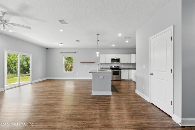 9706 Sibbald Rd, Jacksonville, FL 32219 - kitchen with stainless steel appliances, open floor plan, a ceiling fan, a sink, and a textured ceiling