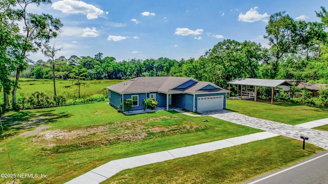 9706 Sibbald Rd, Jacksonville, FL 32219 - ranch-style home featuring a garage, driveway, a front lawn, and view of scattered trees