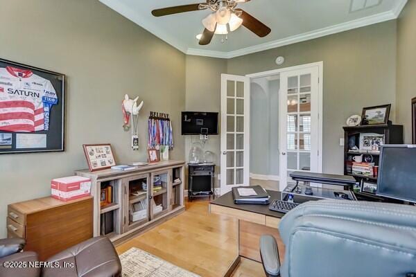 167 Royal Lake Dr, Ponte Vedra, FL 32081 - office space featuring a ceiling fan, french doors, wood finished floors, and crown molding