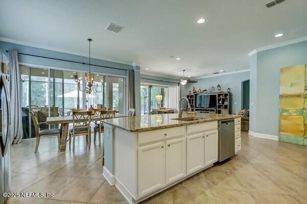 167 Royal Lake Dr, Ponte Vedra, FL 32081 - kitchen with a sink, stainless steel dishwasher, light stone countertops, a kitchen island with sink, and open floor plan