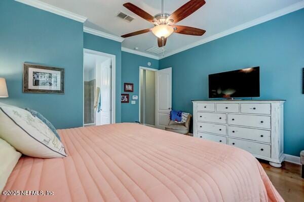 167 Royal Lake Dr, Ponte Vedra, FL 32081 - bedroom with wood finished floors, ornamental molding, baseboards, and a ceiling fan