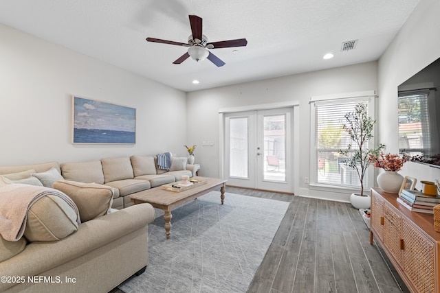 622 2nd Ave N, Jacksonville Beach, FL 32250 - living area featuring wood finished floors, french doors, a ceiling fan, and recessed lighting
