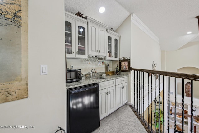 2579 Woodgrove Rd, Fleming Island, FL 32003 - bar with a sink, black microwave, light colored carpet, refrigerator, and a textured ceiling