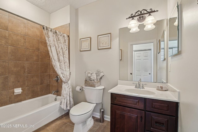 2579 Woodgrove Rd, Fleming Island, FL 32003 - full bath with toilet, shower / tub combo with curtain, vanity, tile patterned floors, and a textured ceiling
